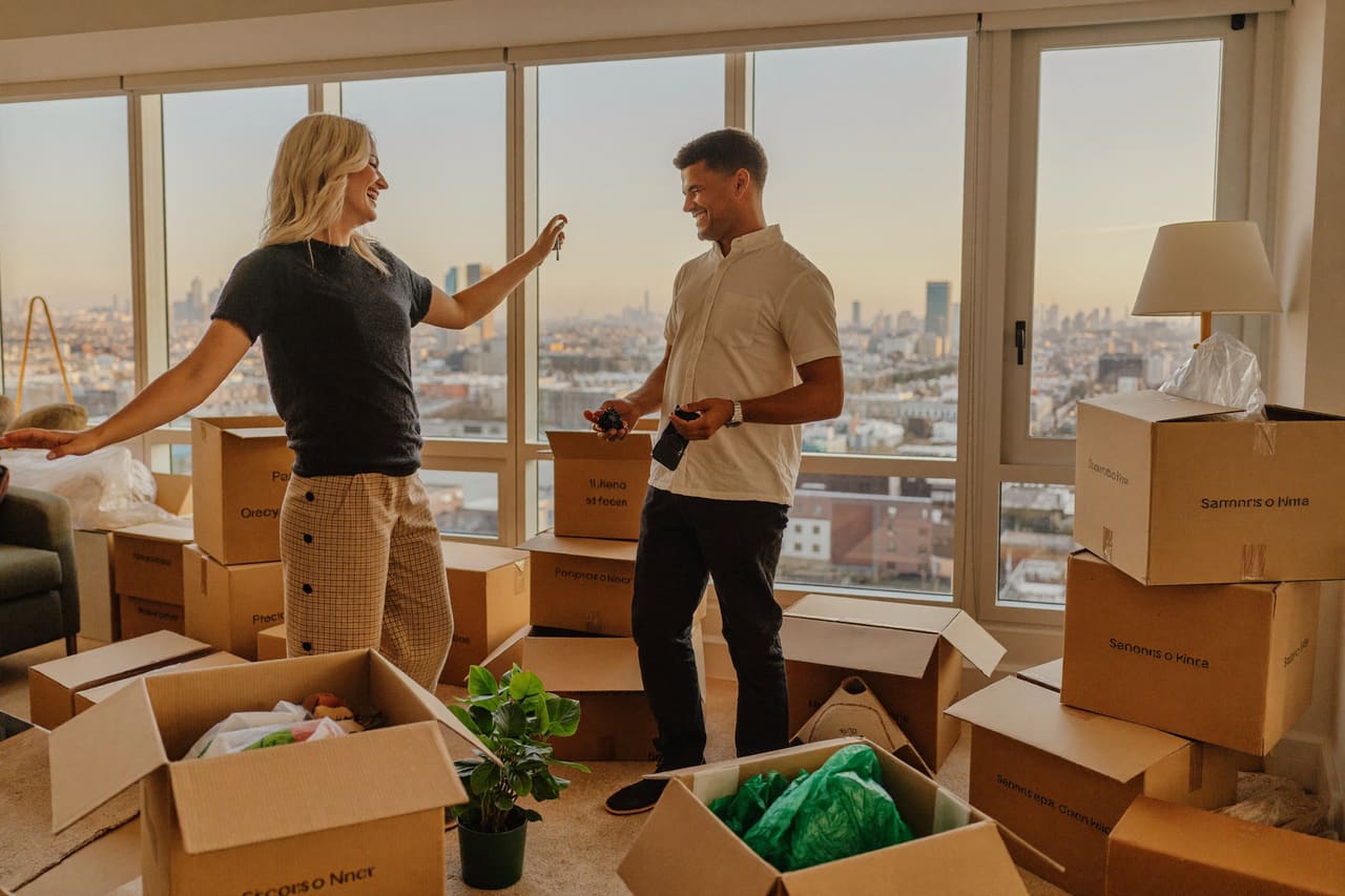Angekommen: Schlüsselübergabe in der neuen Wohnung zwischen Kartons