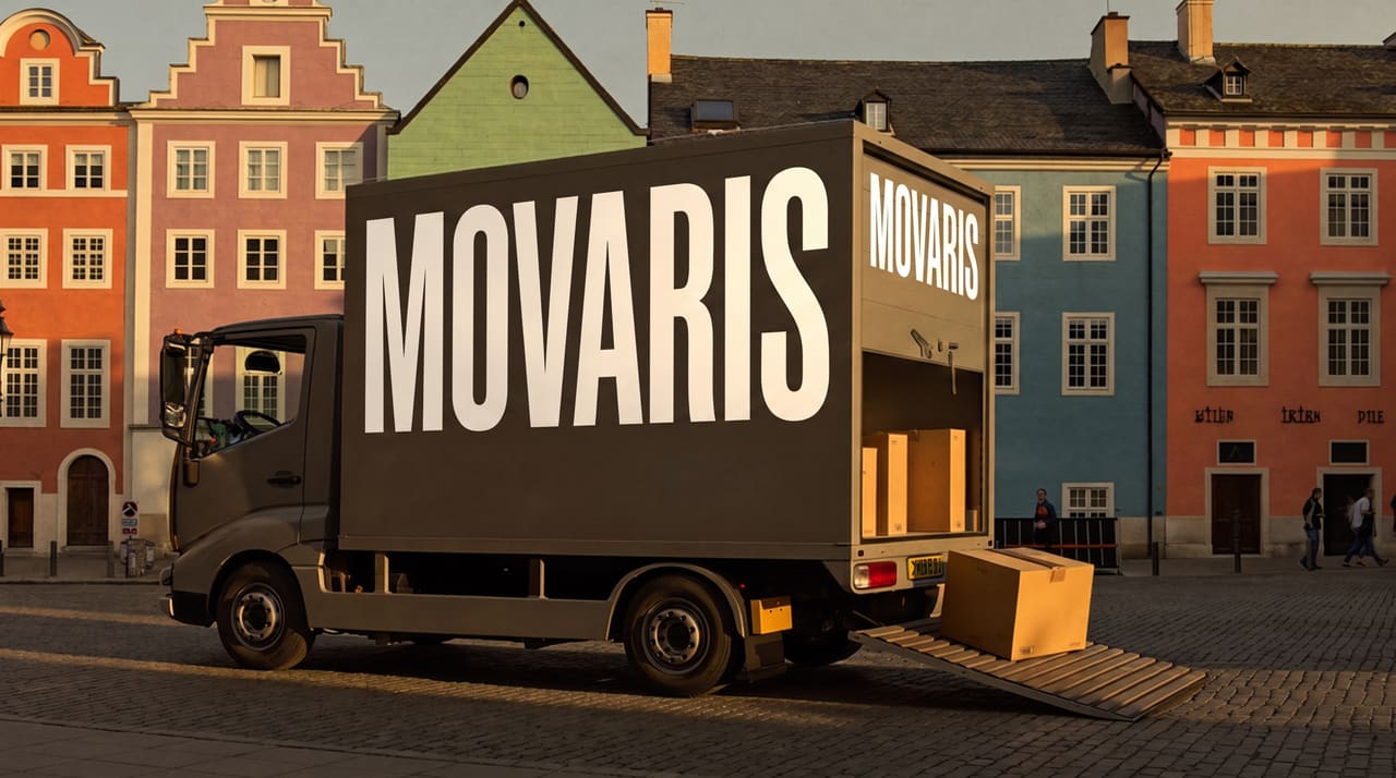 Movaris-Umzugswagen mit geöffneter Ladefläche in der Augsburger Altstadt bei goldenem Abendlicht