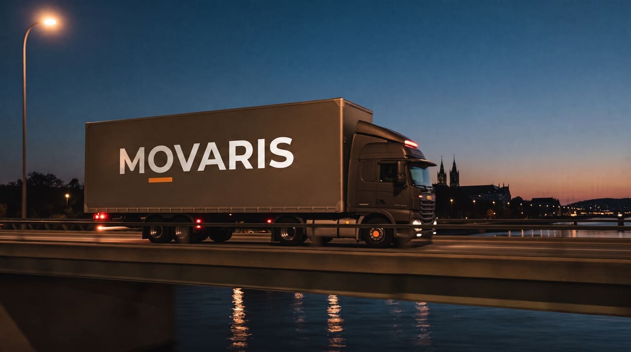 Movaris-Umzugswagen in der Abenddämmerung auf einer Flussbrücke unterwegs